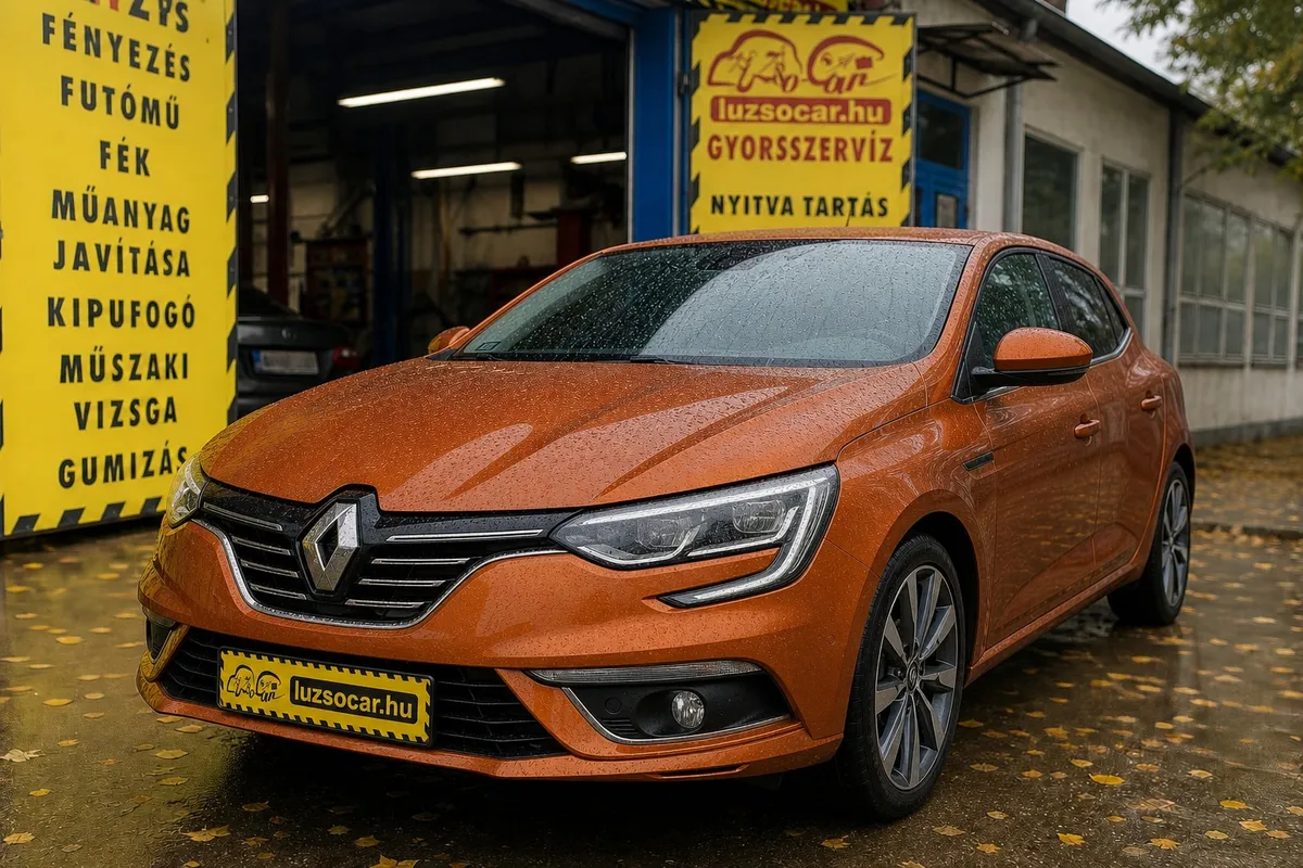 Rézszínű Renault esőcseppekkel és Luzso Car rendszámtakaróval az őszi műhelybejáratnál