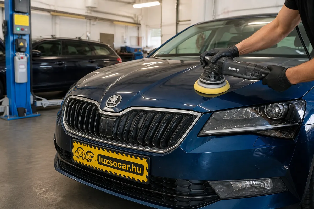 Kék autó gépi polírozása Luzso Car rendszámtakaróval, a Delato műhelyét idéző környezetben
